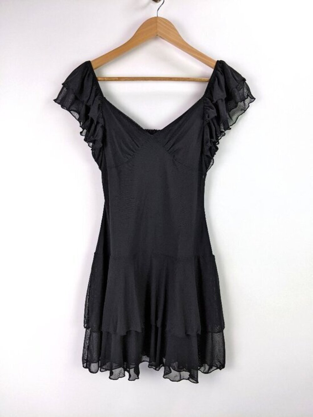 Womens Mesh Ruffle Mini Dress Flutter Sleeve  Fit & Flare Party in Black Size S